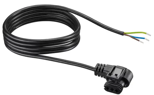 Oventrop Netzanschlusskabel mit Winkelstecker, bestehend aus einem schwarzen Kabel mit drei abisolierten Drähten (braun, grün, blau) und einem abgewinkelten Stecker.